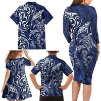 New Zealand Connecting with Seas Family Matching Long Sleeve Bodycon Dress and Hawaiian Shirt Maori Tribal and Sea Animals Tattoo - White Glass Style LT03 - Polynesian Pride