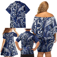 New Zealand Connecting with Seas Family Matching Off Shoulder Short Dress and Hawaiian Shirt Maori Tribal and Sea Animals Tattoo - White Glass Style LT03 - Polynesian Pride