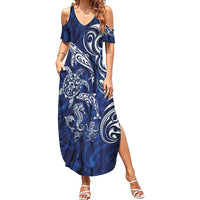 New Zealand Connecting with Seas Family Matching Summer Maxi Dress and Hawaiian Shirt Maori Tribal and Sea Animals Tattoo - White Glass Style LT03 Mom's Dress Navy - Polynesian Pride