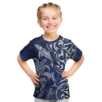 New Zealand Connecting with Seas Kid T Shirt Maori Tribal and Sea Animals Tattoo - White Glass Style LT03 Navy - Polynesian Pride