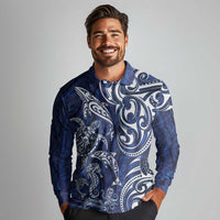New Zealand Connecting with Seas Long Sleeve Polo Shirt Maori Tribal and Sea Animals Tattoo - White Glass Style