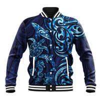 New Zealand Connecting with Seas Baseball Jacket Maori Tribal and Sea Animals Tattoo - Sea Texture Glass Style