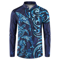 New Zealand Connecting with Seas Button Sweatshirt Maori Tribal and Sea Animals Tattoo - Sea Texture Glass Style