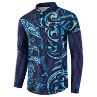 New Zealand Connecting with Seas Button Sweatshirt Maori Tribal and Sea Animals Tattoo - Sea Texture Glass Style