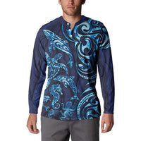 New Zealand Connecting with Seas Button Sweatshirt Maori Tribal and Sea Animals Tattoo - Sea Texture Glass Style