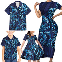 New Zealand Connecting with Seas Family Matching Short Sleeve Bodycon Dress and Hawaiian Shirt Maori Tribal and Sea Animals Tattoo - Sea Texture Glass Style LT03 - Polynesian Pride
