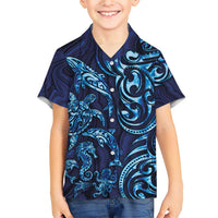 New Zealand Connecting with Seas Family Matching Short Sleeve Bodycon Dress and Hawaiian Shirt Maori Tribal and Sea Animals Tattoo - Sea Texture Glass Style LT03 Son's Shirt Navy - Polynesian Pride