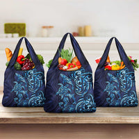 New Zealand Connecting with Seas Grocery Bag Maori Tribal and Sea Animals Tattoo - Sea Texture Glass Style LT03 3-pack One Size Navy - Polynesian Pride