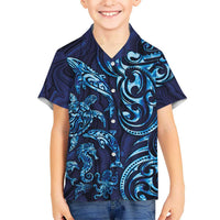 New Zealand Connecting with Seas Kid Hawaiian Shirt Maori Tribal and Sea Animals Tattoo - Sea Texture Glass Style LT03 Kid Navy - Polynesian Pride