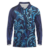New Zealand Connecting with Seas Long Sleeve Polo Shirt Maori Tribal and Sea Animals Tattoo - Sea Texture Glass Style