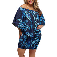 New Zealand Connecting with Seas Off Shoulder Short Dress Maori Tribal and Sea Animals Tattoo - Sea Texture Glass Style