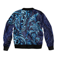 New Zealand Connecting with Seas Sleeve Zip Bomber Jacket Maori Tribal and Sea Animals Tattoo - Sea Texture Glass Style