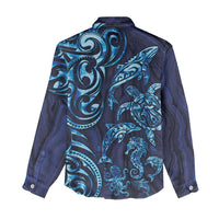 New Zealand Connecting with Seas Women Casual Shirt Maori Tribal and Sea Animals Tattoo - Sea Texture Glass Style LT03 - Polynesian Pride