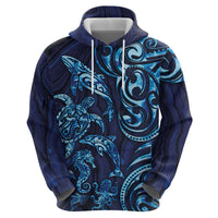 New Zealand Connecting with Seas Zip Hoodie Maori Tribal and Sea Animals Tattoo - Sea Texture Glass Style