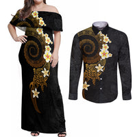 Polynesian Spiral Tribal Tattoo Couples Matching Off Shoulder Maxi Dress and Long Sleeve Button Shirt Golden Color LT03 Yellow - Polynesian Pride