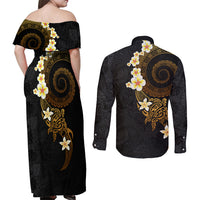 Polynesian Spiral Tribal Tattoo Couples Matching Off Shoulder Maxi Dress and Long Sleeve Button Shirt Golden Color LT03 - Polynesian Pride