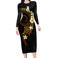 Polynesian Spiral Tribal Tattoo Family Matching Long Sleeve Bodycon Dress and Hawaiian Shirt Golden Color LT03 Mom's Dress Yellow - Polynesian Pride