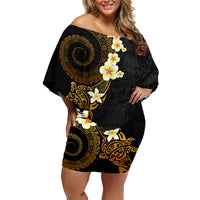 Polynesian Spiral Tribal Tattoo Family Matching Off Shoulder Short Dress and Hawaiian Shirt Golden Color LT03 Mom's Dress Yellow - Polynesian Pride