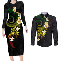Polynesian Spiral Tribal Tattoo Couples Matching Long Sleeve Bodycon Dress and Long Sleeve Button Shirt Reggae Color LT03 Reggae - Polynesian Pride
