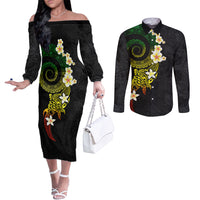 Polynesian Spiral Tribal Tattoo Couples Matching Off The Shoulder Long Sleeve Dress and Long Sleeve Button Shirt Reggae Color LT03 Reggae - Polynesian Pride