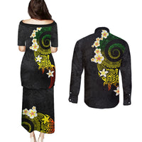 Polynesian Spiral Tribal Tattoo Couples Matching Puletasi and Long Sleeve Button Shirt Reggae Color