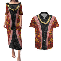 Hawaii Lei and Hibiscus Flowers Tribal Couples Matching Puletasi and Hawaiian Shirt Patchwork Abstract Vintage