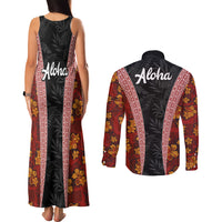 Hawaii Lei and Hibiscus Flowers Tribal Couples Matching Tank Maxi Dress and Long Sleeve Button Shirt Patchwork Abstract Vintage