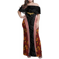 Hawaii Lei and Hibiscus Flowers Tribal Family Matching Off Shoulder Maxi Dress and Hawaiian Shirt Patchwork Abstract Vintage