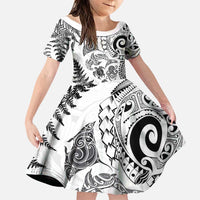 New Zealand Sea Animals Family Matching Mermaid Dress and Hawaiian Shirt with Maori Koru Tribal Tattoo and Silver Ferns White Color LT03 Daughter's Dress White - Polynesian Pride