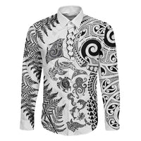 New Zealand Sea Animals Family Matching Mermaid Dress and Hawaiian Shirt with Maori Koru Tribal Tattoo and Silver Ferns White Color LT03 Dad's Shirt - Long Sleeve White - Polynesian Pride