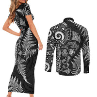 New Zealand Sea Animals Couples Matching Short Sleeve Bodycon Dress and Long Sleeve Button Shirt with Maori Koru Tribal Tattoo and Silver Ferns Black Color
