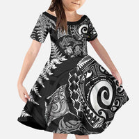 New Zealand Sea Animals Family Matching Off The Shoulder Long Sleeve Dress and Hawaiian Shirt with Maori Koru Tribal Tattoo and Silver Ferns Black Color LT03 Daughter's Dress Black - Polynesian Pride