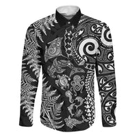 New Zealand Sea Animals Family Matching Off The Shoulder Long Sleeve Dress and Hawaiian Shirt with Maori Koru Tribal Tattoo and Silver Ferns Black Color LT03 Dad's Shirt - Long Sleeve Black - Polynesian Pride