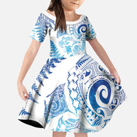 New Zealand Sea Animals Family Matching Short Sleeve Bodycon Dress and Hawaiian Shirt with Maori Koru Tribal Tattoo and Silver Ferns Galaxy Style LT03 Daughter's Dress Multicolor - Polynesian Pride