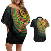 Vanuatu Tribal Tattoo with Namele Leaves Couples Matching Off Shoulder Short Dress and Hawaiian Shirt