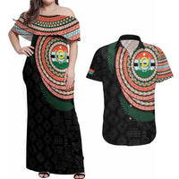 Penama Tribal Tattoo with Namele Leaves Couples Matching Off Shoulder Maxi Dress and Hawaiian Shirt LT03 Black - Polynesian Pride