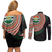 Penama Tribal Tattoo with Namele Leaves Couples Matching Off Shoulder Short Dress and Long Sleeve Button Shirt LT03 - Polynesian Pride