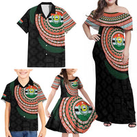 Penama Tribal Tattoo with Namele Leaves Family Matching Off Shoulder Maxi Dress and Hawaiian Shirt