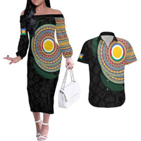 Shefa Tribal Tattoo with Namele Leaves Couples Matching Off The Shoulder Long Sleeve Dress and Hawaiian Shirt