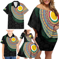 Shefa Tribal Tattoo with Namele Leaves Family Matching Off Shoulder Short Dress and Hawaiian Shirt