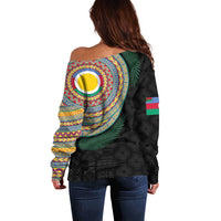 Shefa Tribal Tattoo with Namele Leaves Off Shoulder Sweater