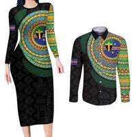 Tafea Tribal Tattoo with Namele Leaves Couples Matching Long Sleeve Bodycon Dress and Long Sleeve Button Shirt LT03 Black - Polynesian Pride
