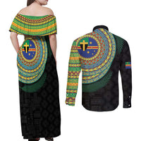 Tafea Tribal Tattoo with Namele Leaves Couples Matching Off Shoulder Maxi Dress and Long Sleeve Button Shirt LT03 - Polynesian Pride