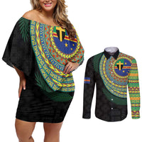 Tafea Tribal Tattoo with Namele Leaves Couples Matching Off Shoulder Short Dress and Long Sleeve Button Shirt LT03 Black - Polynesian Pride