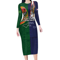 Manuʻa Islands and American Samoa Together Long Sleeve Bodycon Dress Rooster and Eagle Mascot National Map and Flag Style