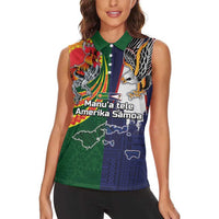 Manuʻa Islands and American Samoa Together Women Sleeveless Polo Shirt Rooster and Eagle Mascot National Map and Flag Style