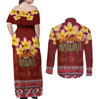 Aloha Plumeria Flowers Couples Matching Off Shoulder Maxi Dress and Long Sleeve Button Shirt With Hawaiian Style Tapa Tribal