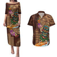 Hawaiian Tiki Mask Surfing Kakau Pattern Couples Matching Puletasi and Hawaiian Shirt