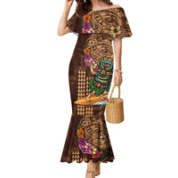 Hawaiian Tiki Mask Surfing Kakau Pattern Family Matching Mermaid Dress and Hawaiian Shirt