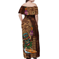 Hawaiian Tiki Mask Surfing Kakau Pattern Off Shoulder Maxi Dress